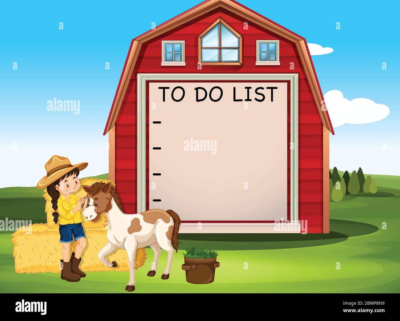 Border template design with girl and horse on the farm illustration ...