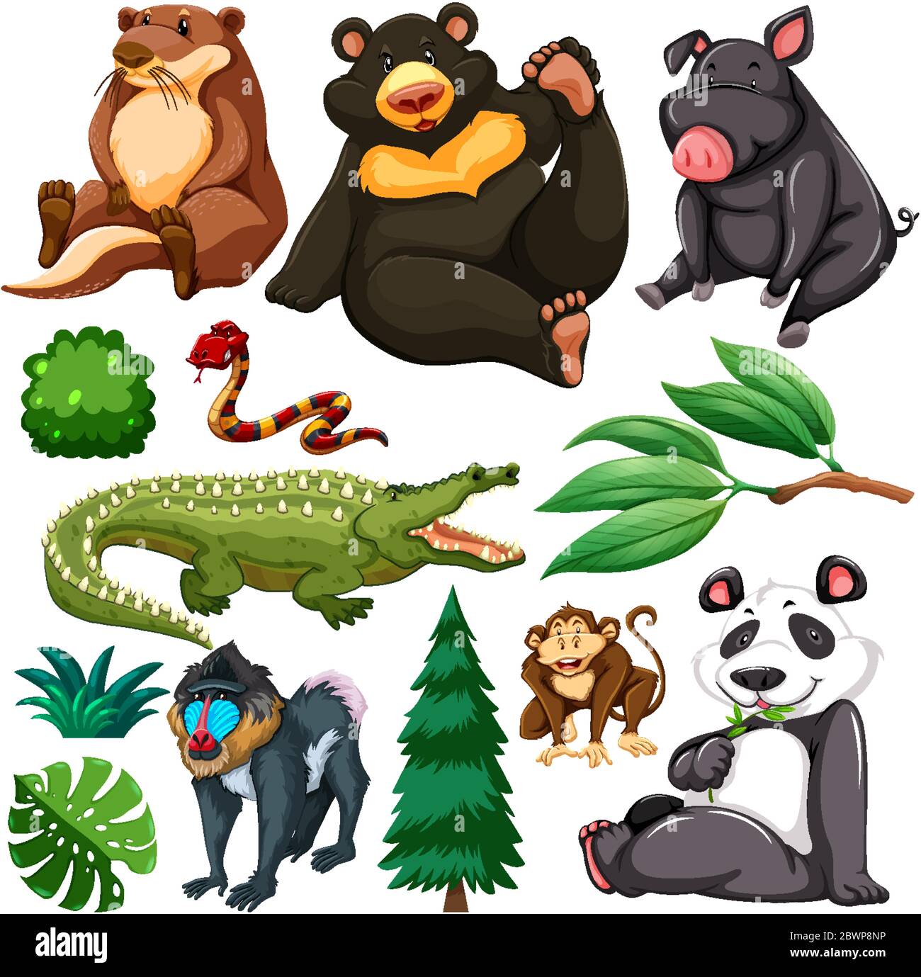 Set of cute wild animal and nature illustration Stock Vector Image ...
