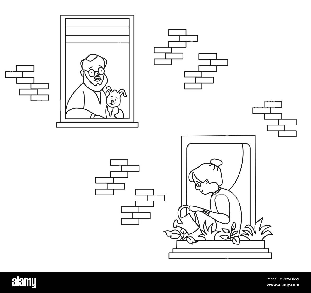 elderly couple looking for a house. windows with people neighbors. Elderly man with a dog, a woman with a watering can watering flowers. Self Stock Vector