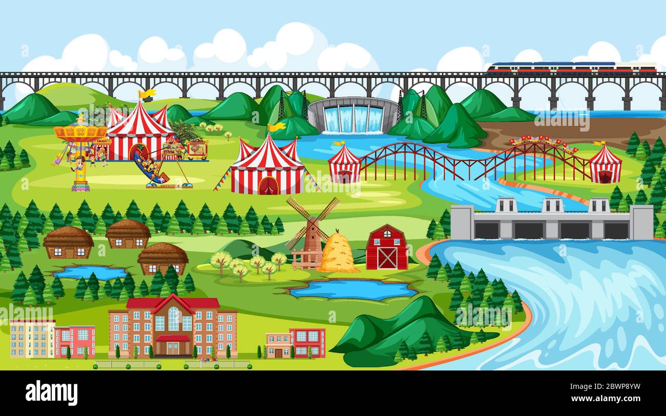Town or city with amusement park and river side landscape scene ...