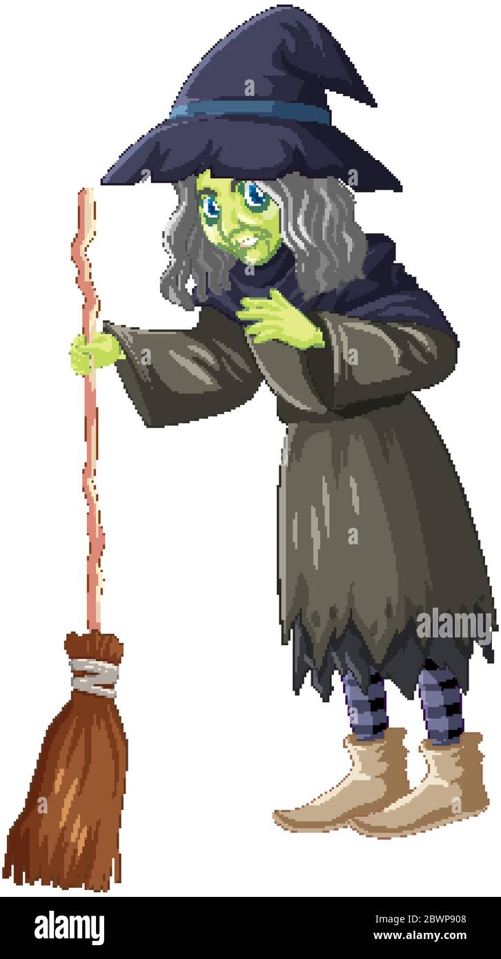 Old witch with crooked broom illustration Stock Vector