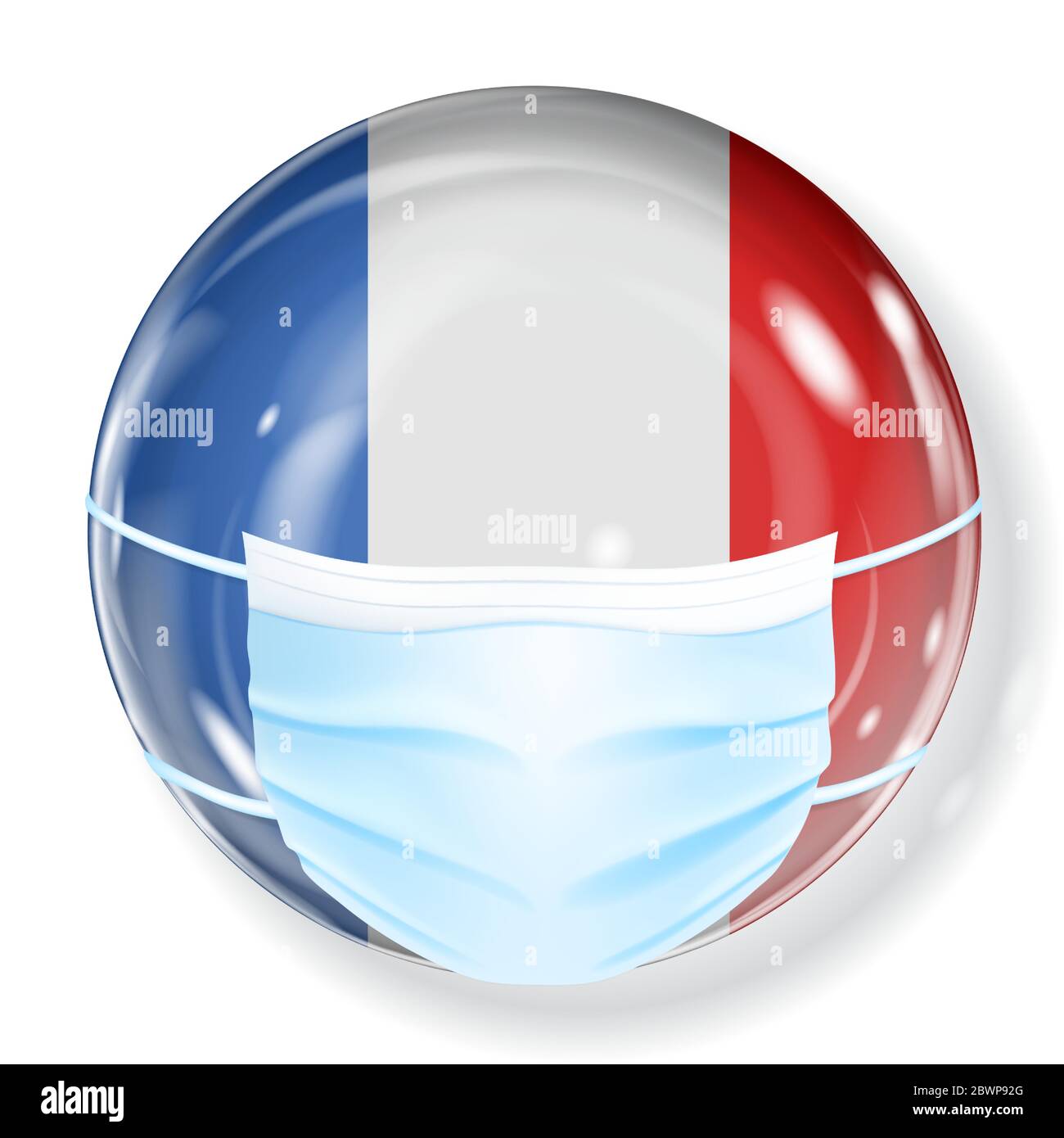 Shiny sphere in the France flag colors with a medical mask for protection from coronavirus Stock Vector
