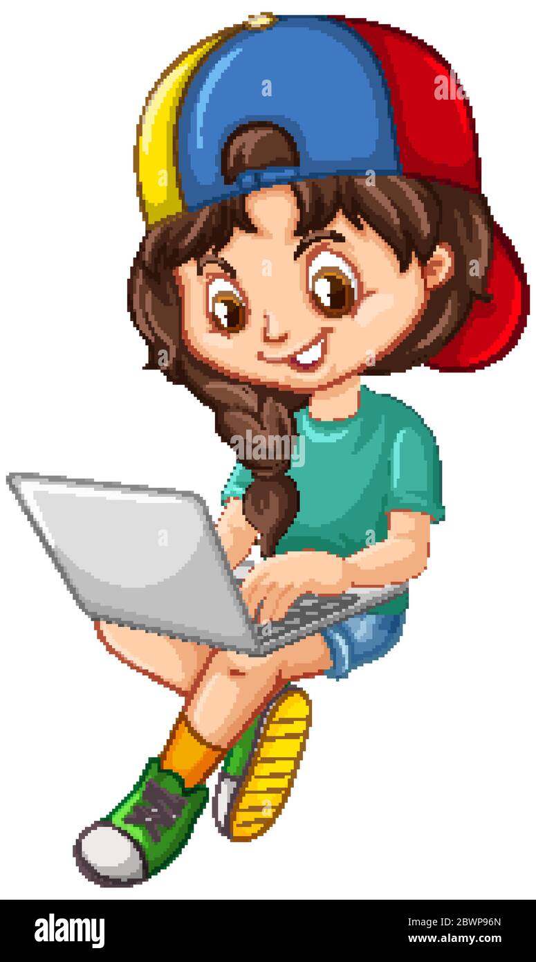 Girl in green shirt using laptop cartoon character isolated on white background illustration