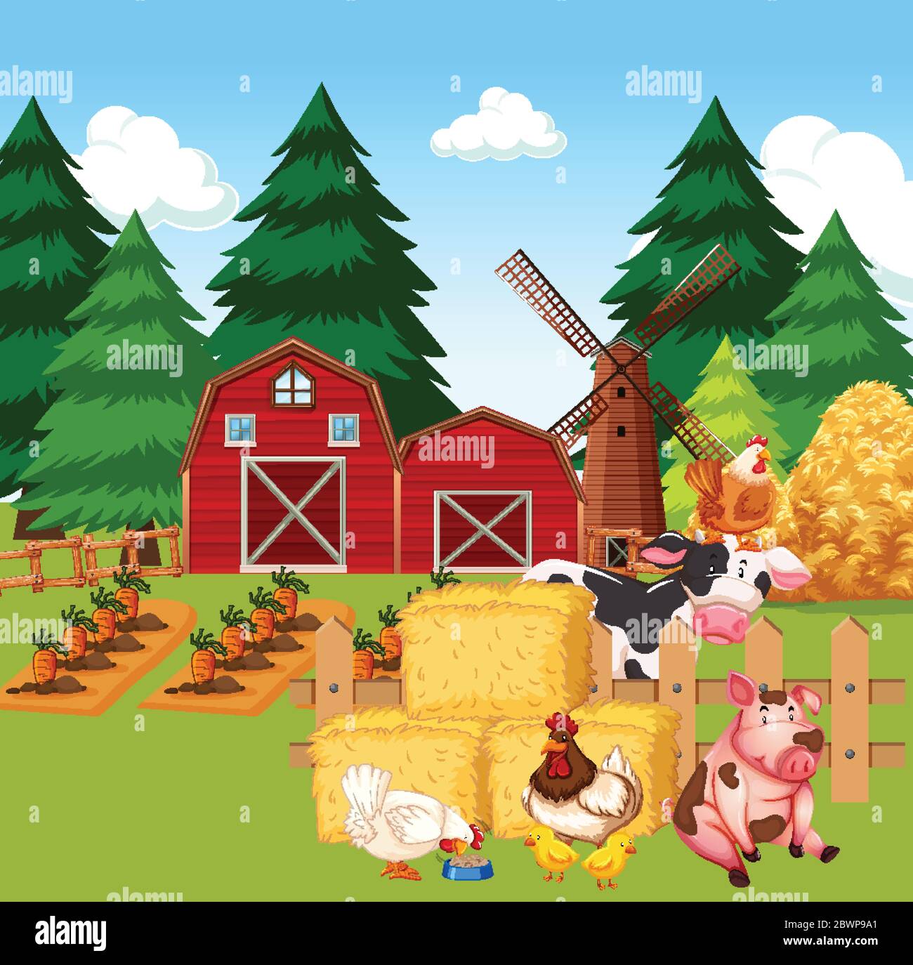 Farm scene with farm animals on the farm illustration Stock Vector ...