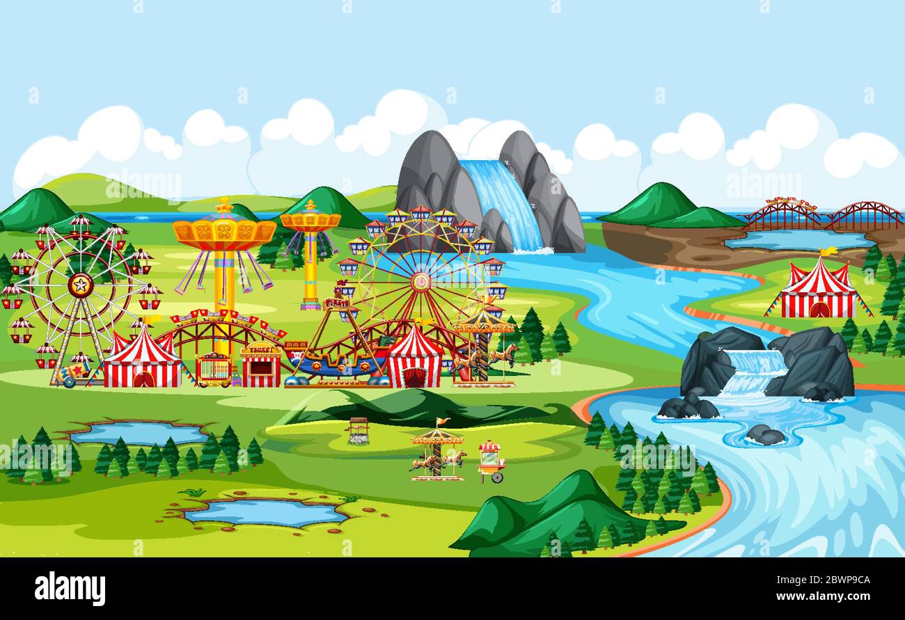 Amusement park with circus and many rides landscape scene illustration ...
