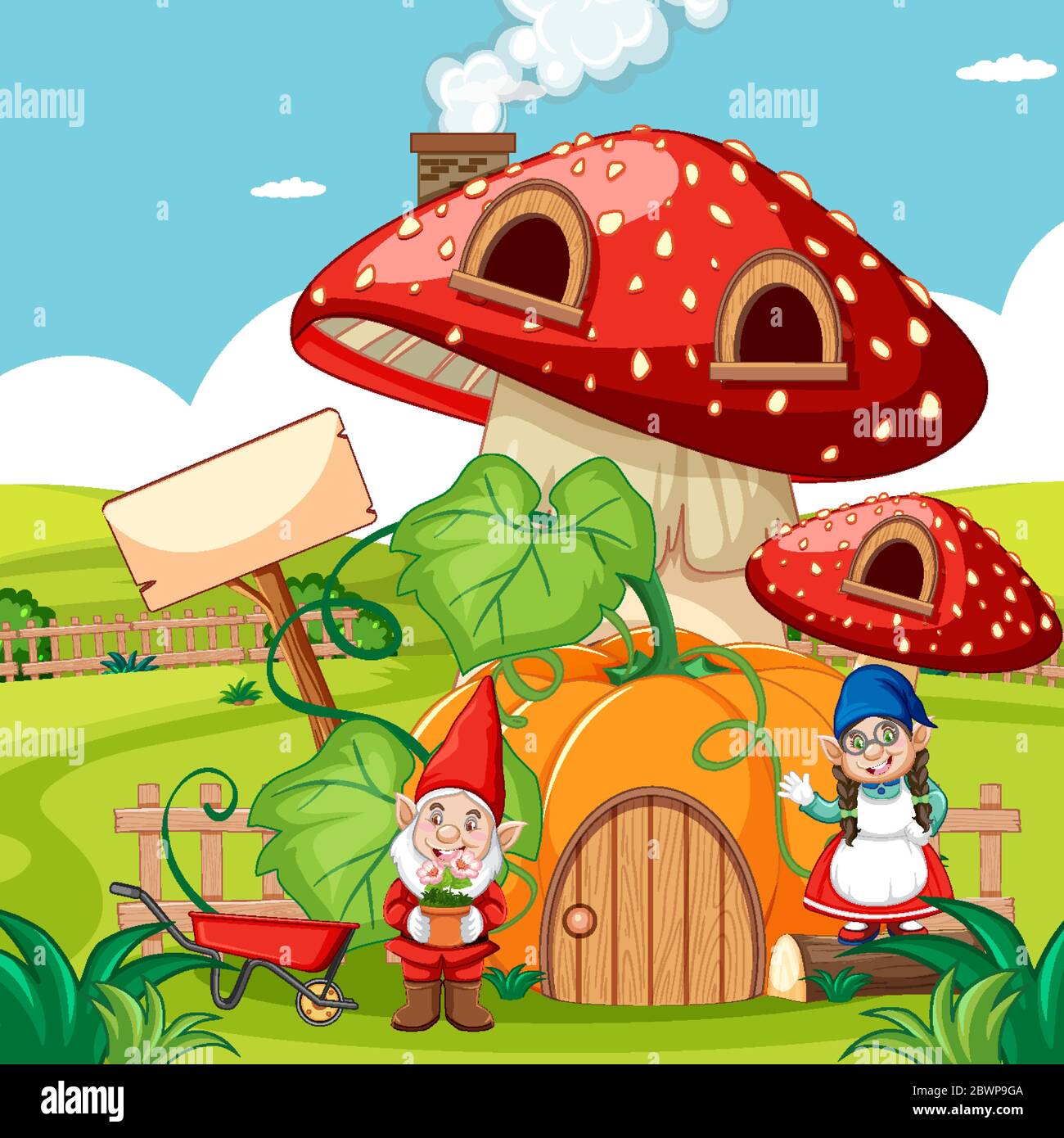 Gnomes and pumpkin mushroom house and in the garden cartoon style on garden background illustration Stock Vector