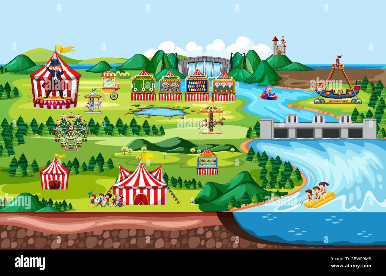 Amusement park with circus carnivals theme landscape scene illustration Stock Vector