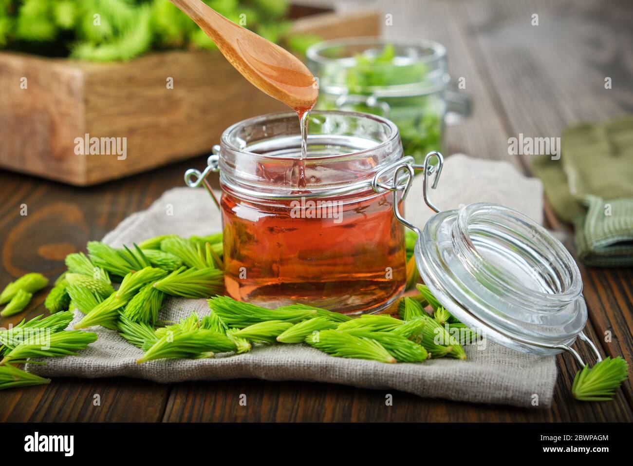 Jar of  jam or honey from fir buds and needles, spoon with  flowing syrup. Twigs of fir tree on wooden table. Making spruce tips jam at home. Stock Photo