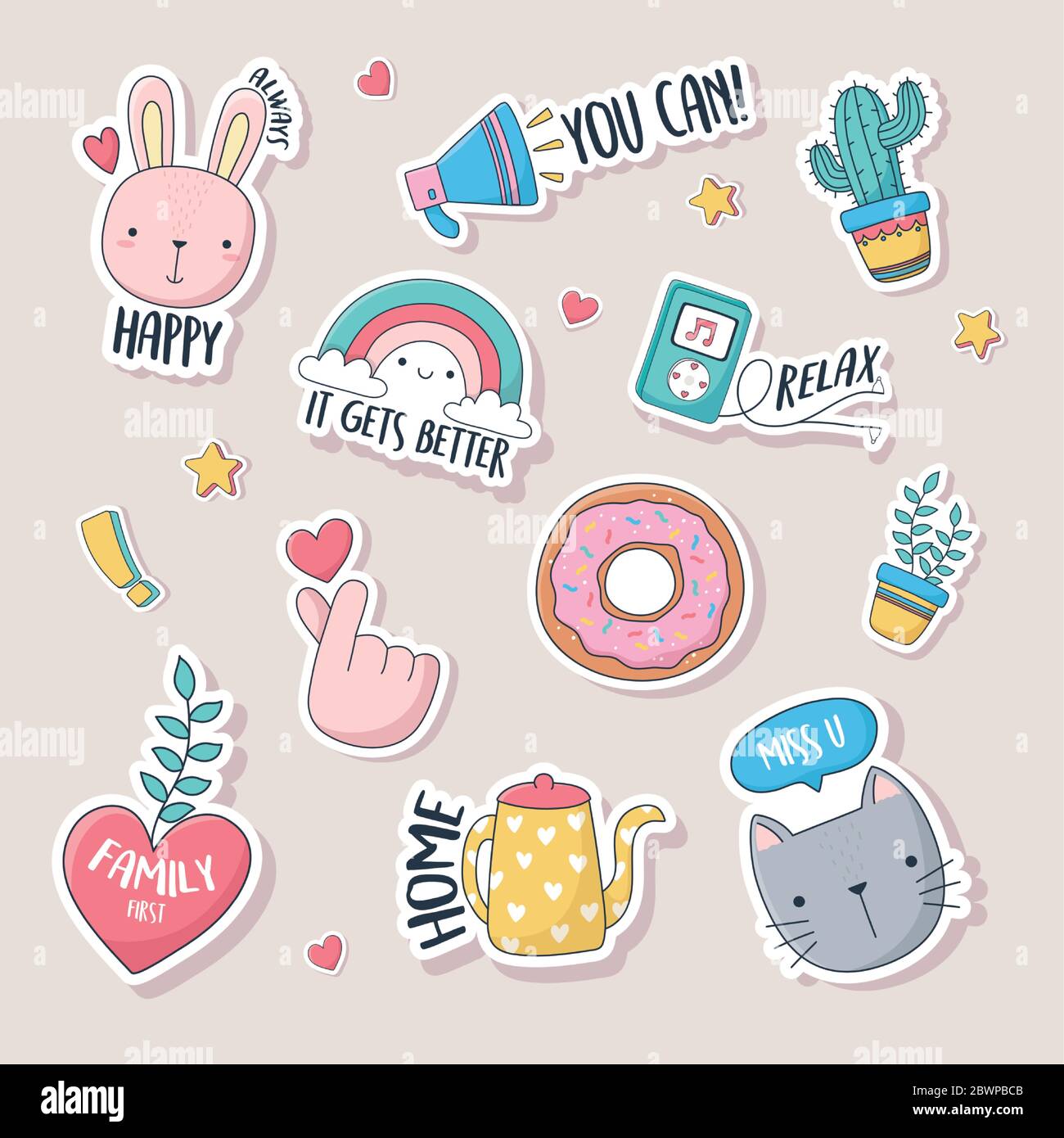 cute stuff for cards stickers or patches decoration cartoon vector ...