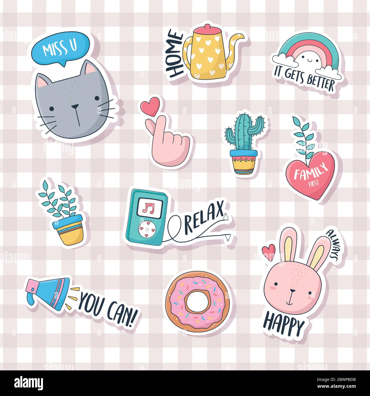 cute cat bunny donut music cactus plant speaker stuff for cards stickers or patches decoration cartoon checkered background vector illustration stock vector image art alamy