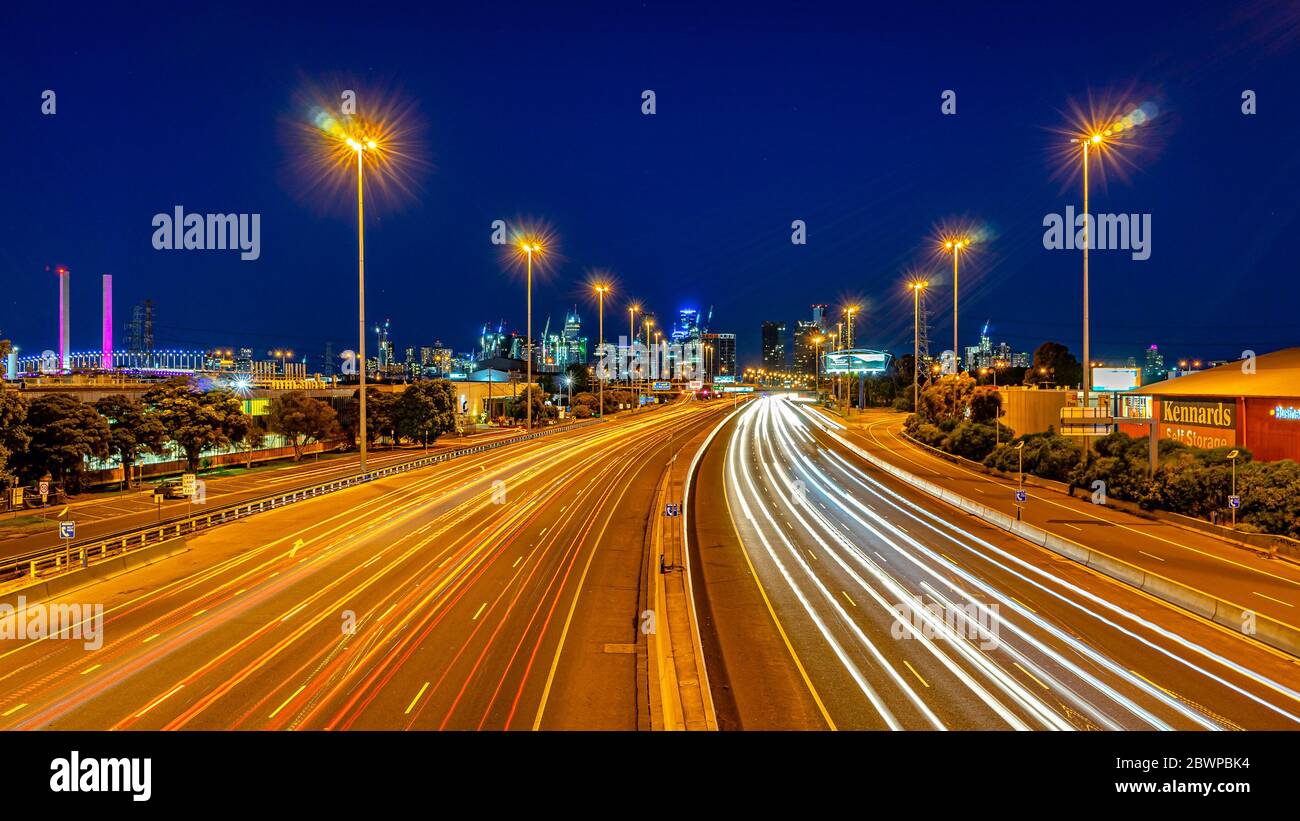 Melbourne, Australia Lights trails of the moving traffic along the West Gate freeway Stock