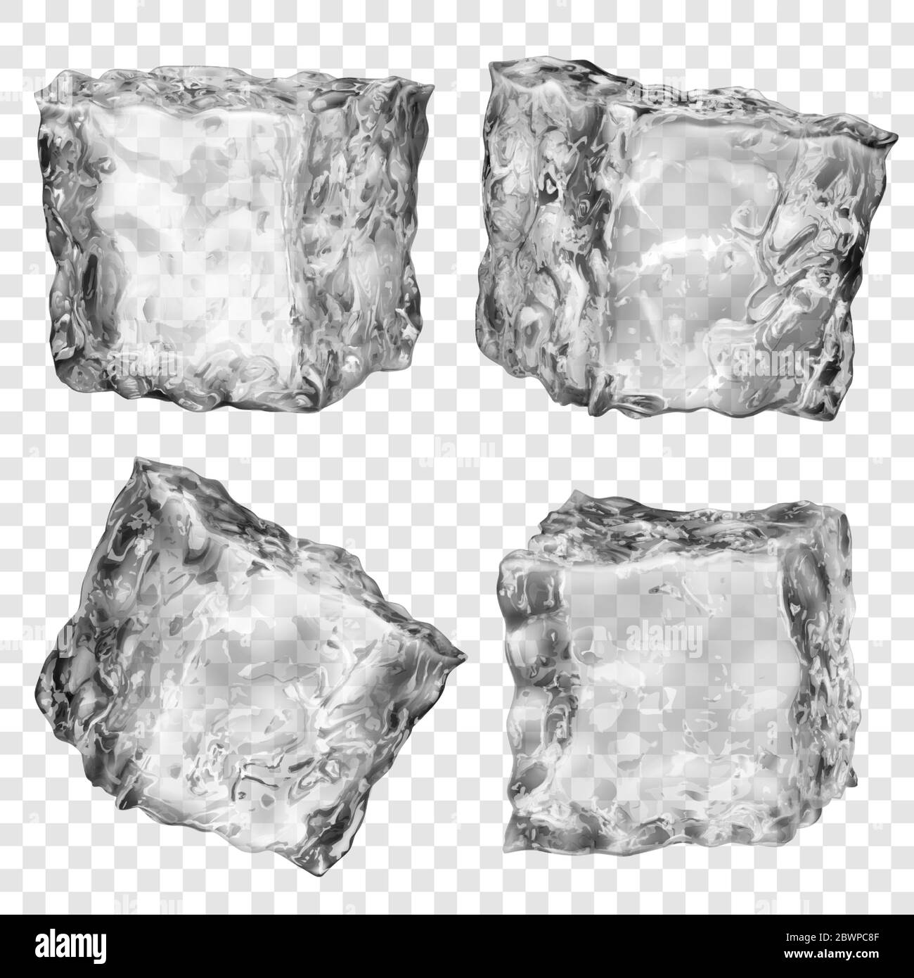 Set of four realistic translucent ice cubes in gray color isolated on