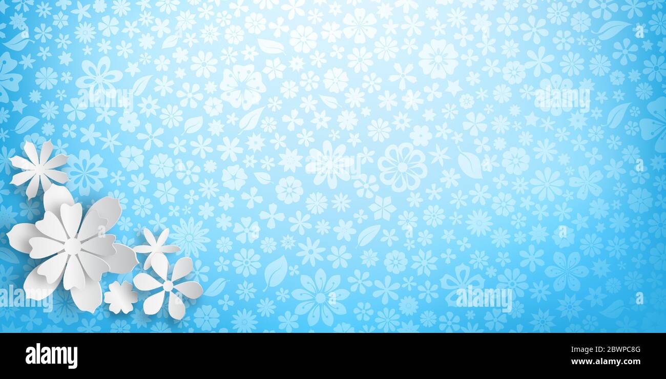 Background with floral texture in light blue colors and several big white  paper flowers with soft shadows Stock Vector Image & Art - Alamy