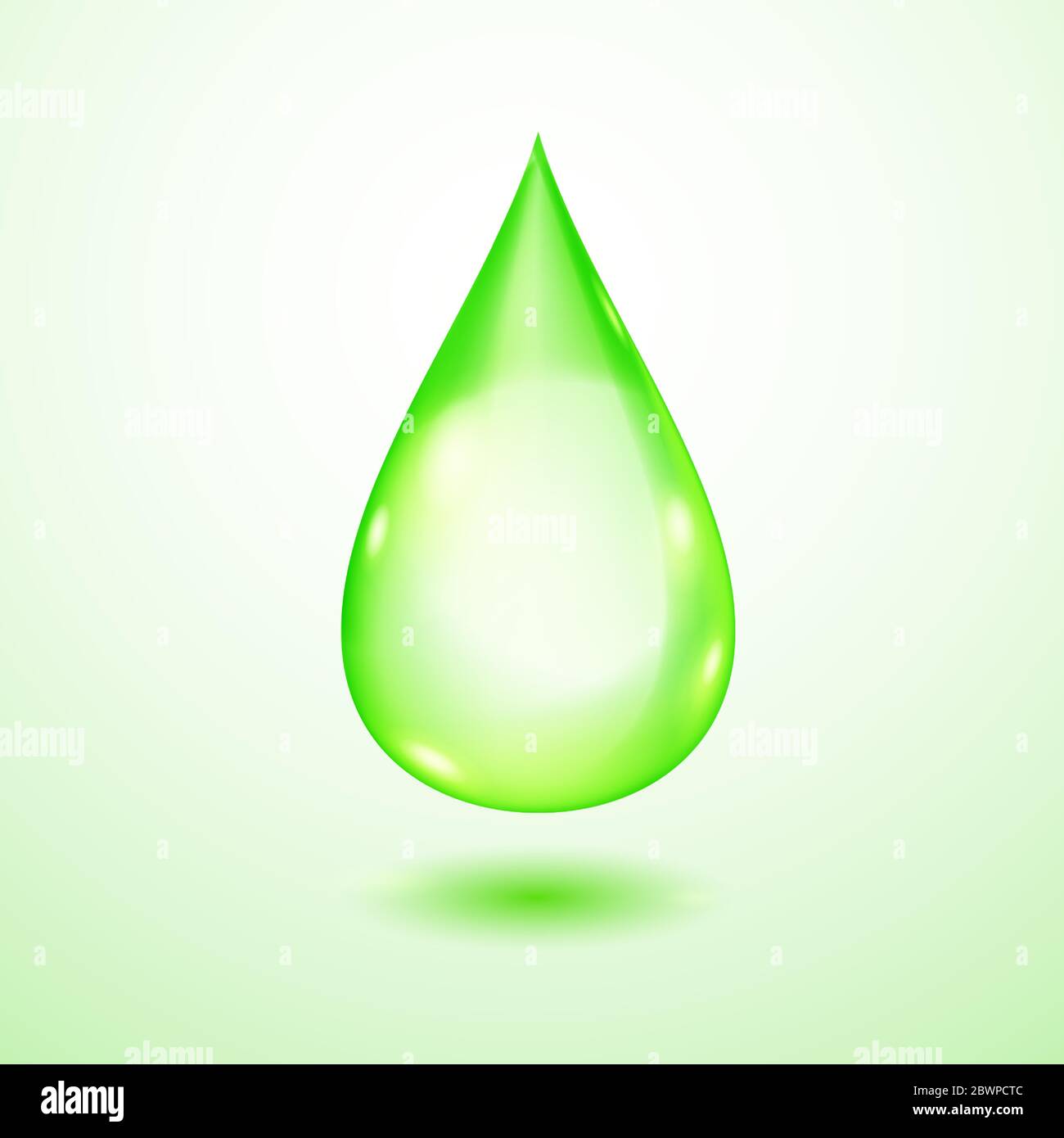 One big realistic translucent water drop in green colors with shadow Stock Vector