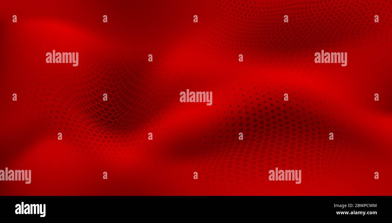 Abstract halftone background with wavy surface made of dots in red