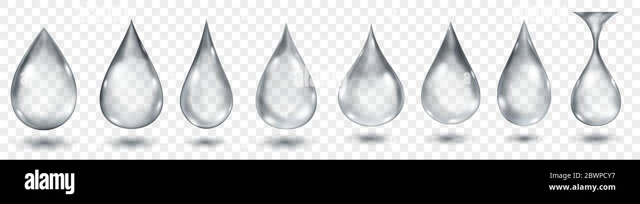 Set of translucent water drops in gray colors in various shapes, isolated on transparent background. Transparency only in vector format Stock Vector