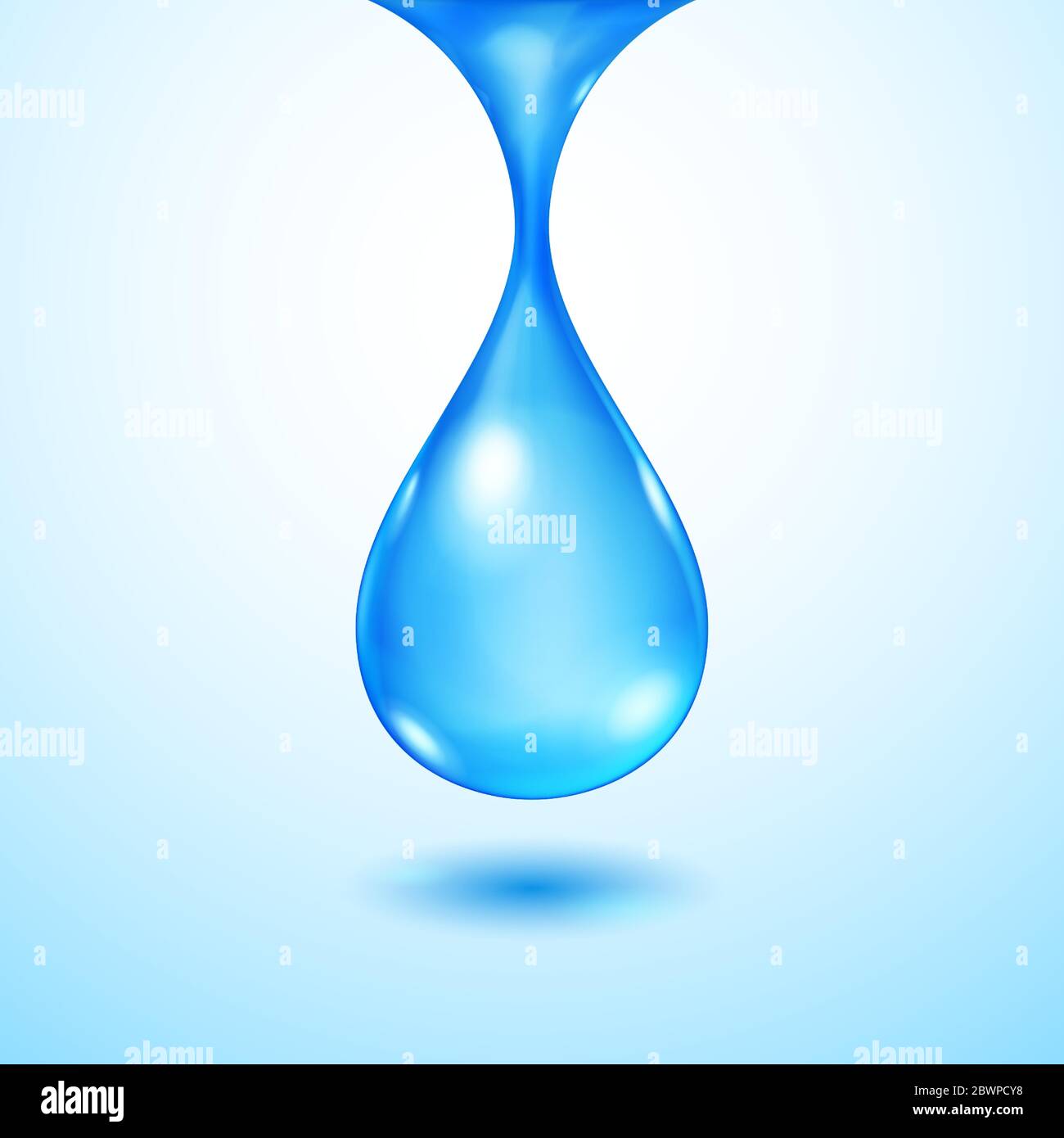 One big realistic translucent water drop in blue colors with shadow Stock Vector