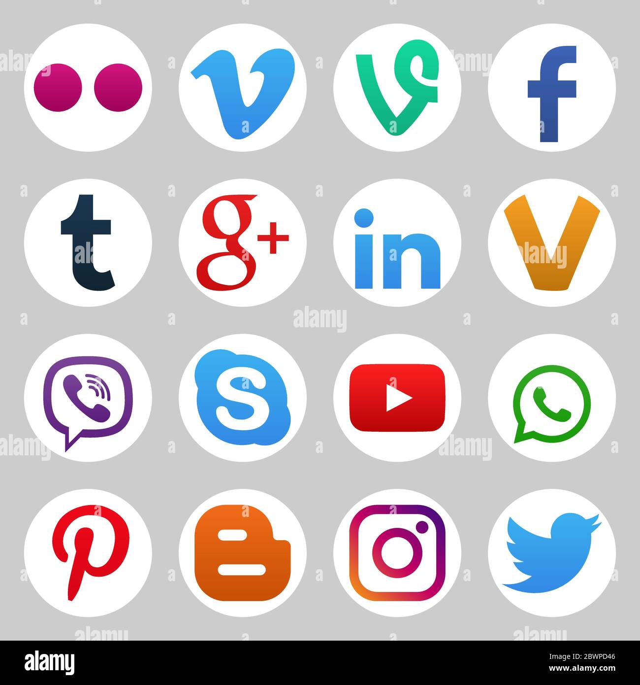 VORONEZH, RUSSIA - JANUARY 05, 2020: Set of color popular social media icons: youtube, instagram, twitter, facebook, whatsapp, pinterest, snapchat, vi Stock Vector
