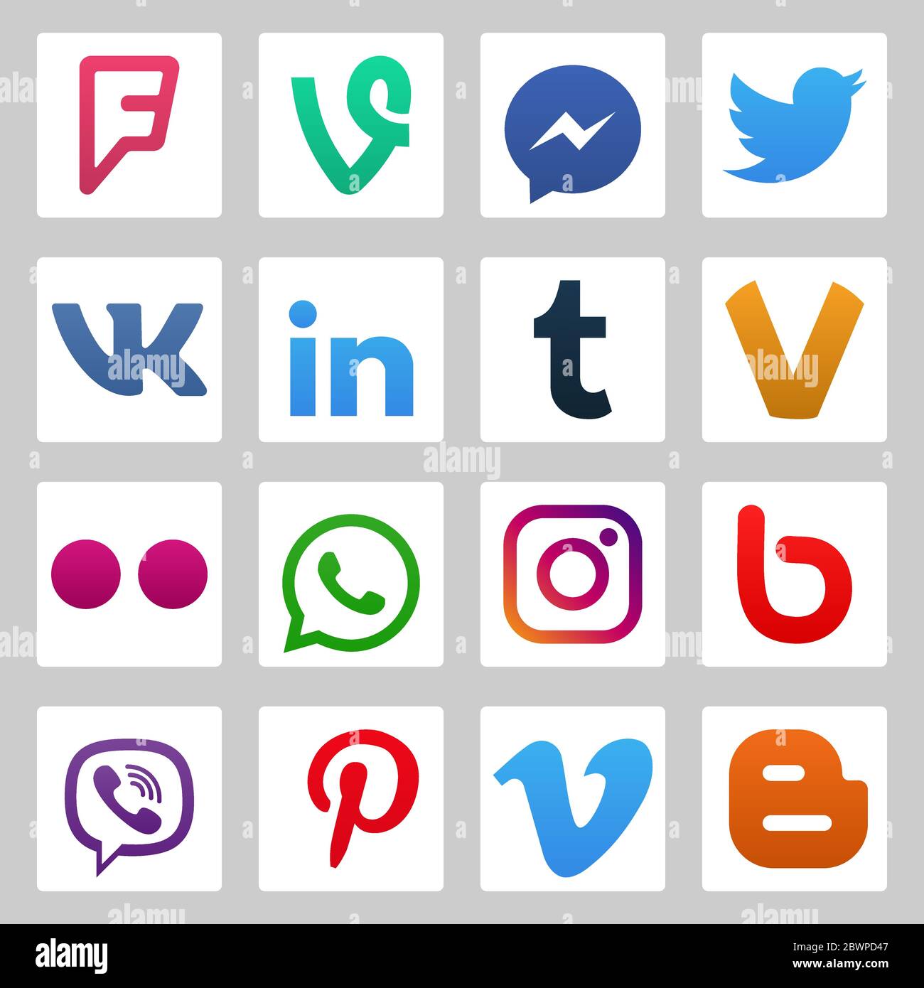 VORONEZH, RUSSIA - JANUARY 05, 2020: Set of color popular social media icons: youtube, instagram, twitter, facebook, whatsapp, pinterest, snapchat, vi Stock Vector