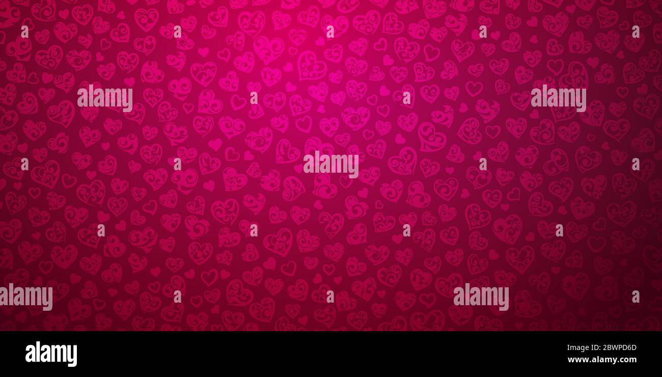Background of big and small hearts with curls in crimson colors. Illustration on Valentine's day. Stock Vector