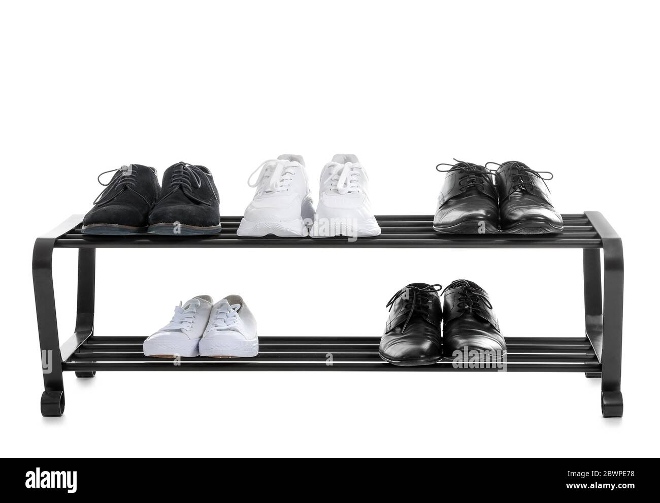 Stand with stylish shoes on white background Stock Photo Alamy