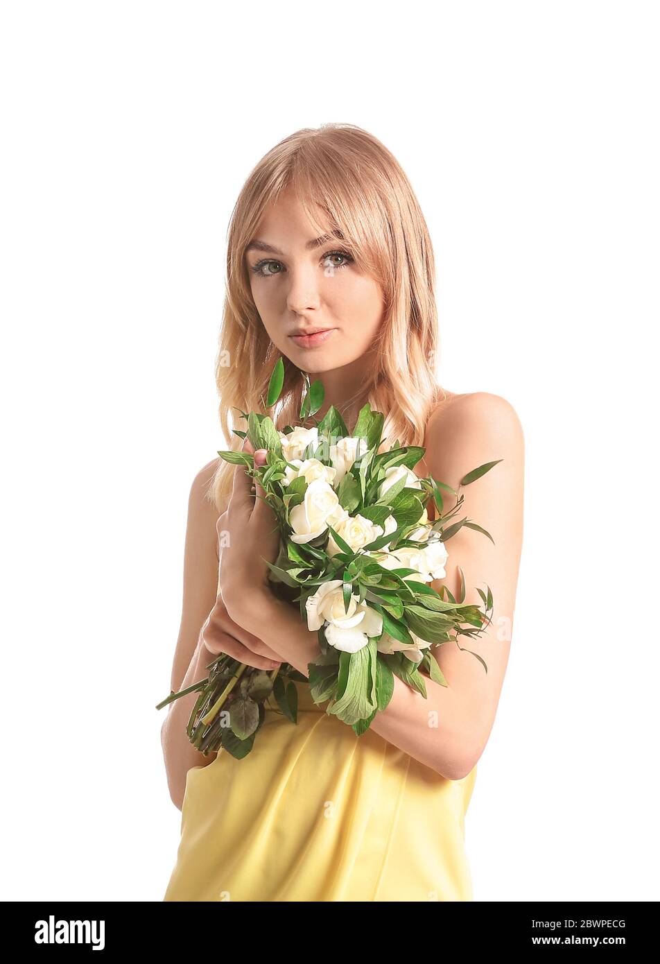 Beautiful young woman with bouquet of roses on white background Stock ...