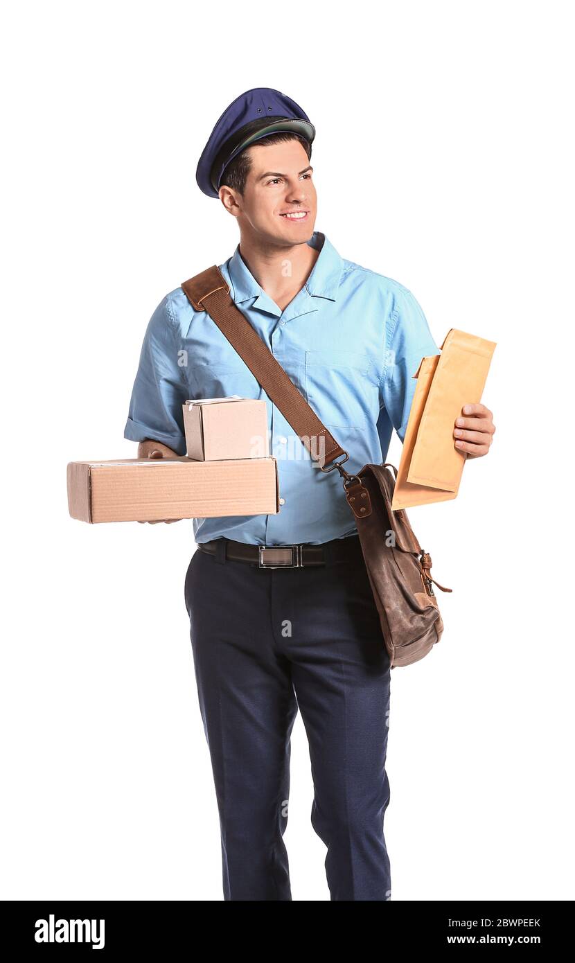Handsome young postman on white background Stock Photo Alamy