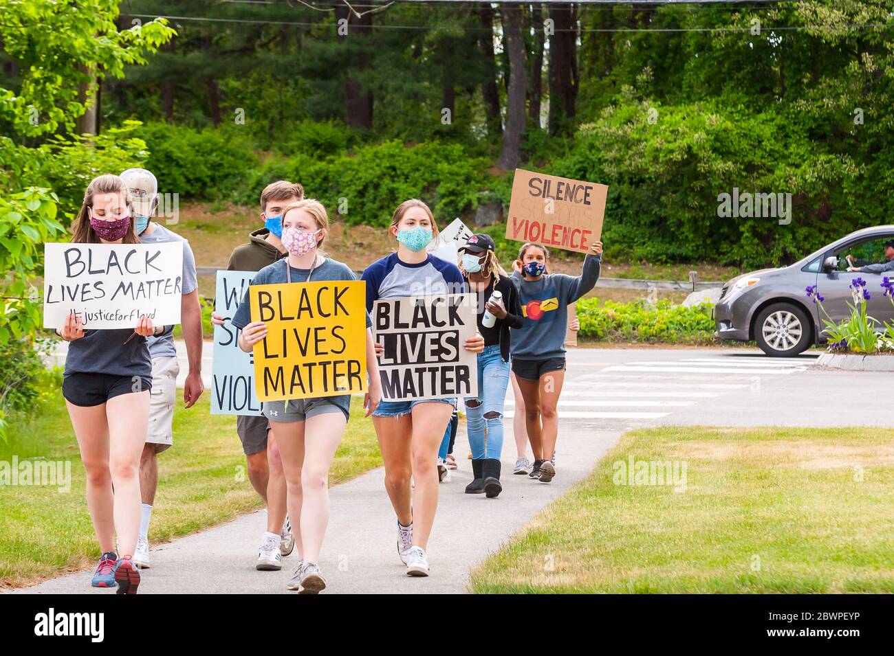 Sudbury, Massachusetts. 2nd June, 2020. A large group of people held an organized Black Lives Matter rally in the center of town. Stock Photo