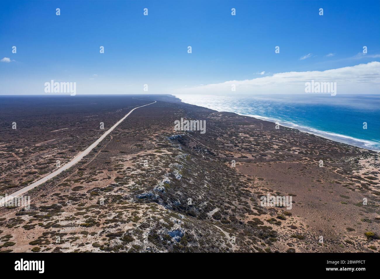 Aerial view of the beach and road at the start of the Great Australian Bight on the West Australian side Stock Photo