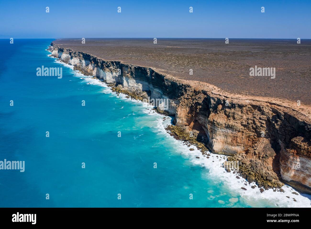 Aerial view of the beautiful Great Australian Bight cliffs captured from Bunda Cliffs Stock Photo