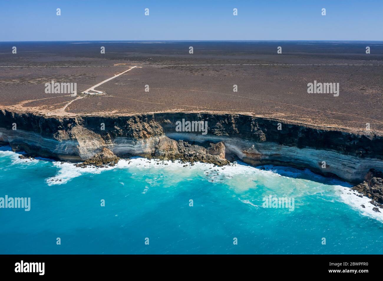 Aerial view of the beautiful Great Australian Bight cliffs captured from Bunda Cliffs Stock Photo