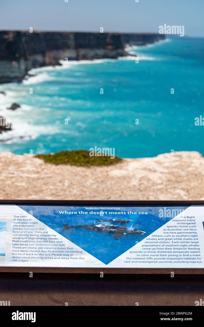 Great Australian Bight, Australia November 16th 2019 : Sign at the viewing paltform in Western Australia at the Bight cliffs Stock Photo