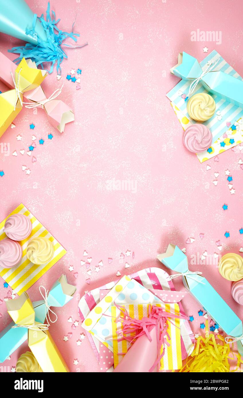 Happy birthday party pastel colors theme modern creative layout flat lay  with decorations, party hats and food on pink textured background with  decora Stock Photo - Alamy