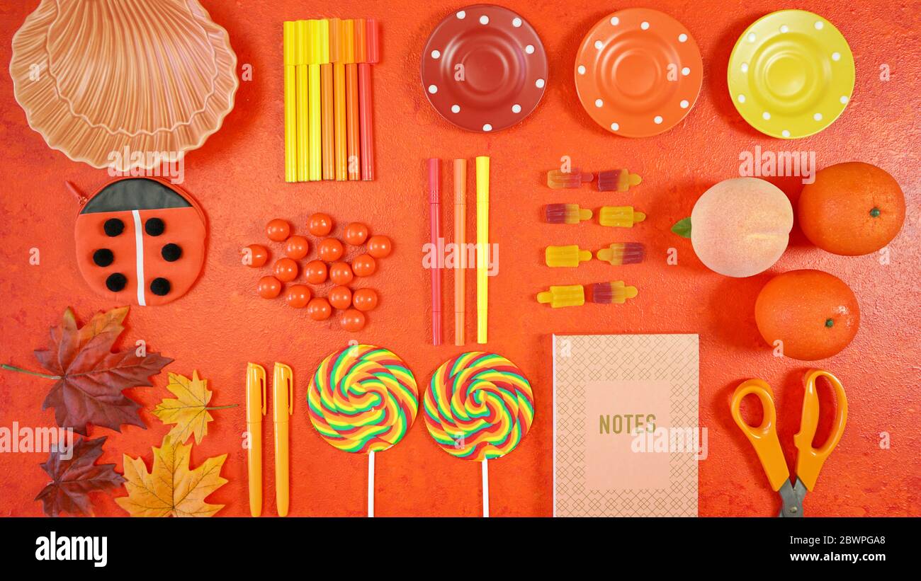 Orange Aesthetic Back To School Theme Creative Layout Flat Lay With School Supplies Candy And Stationery Autumn Theme On Textured Orange Background Stock Photo Alamy