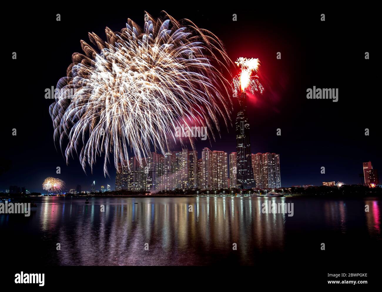Colorful fireworks lunar new year view from skyscraper at night