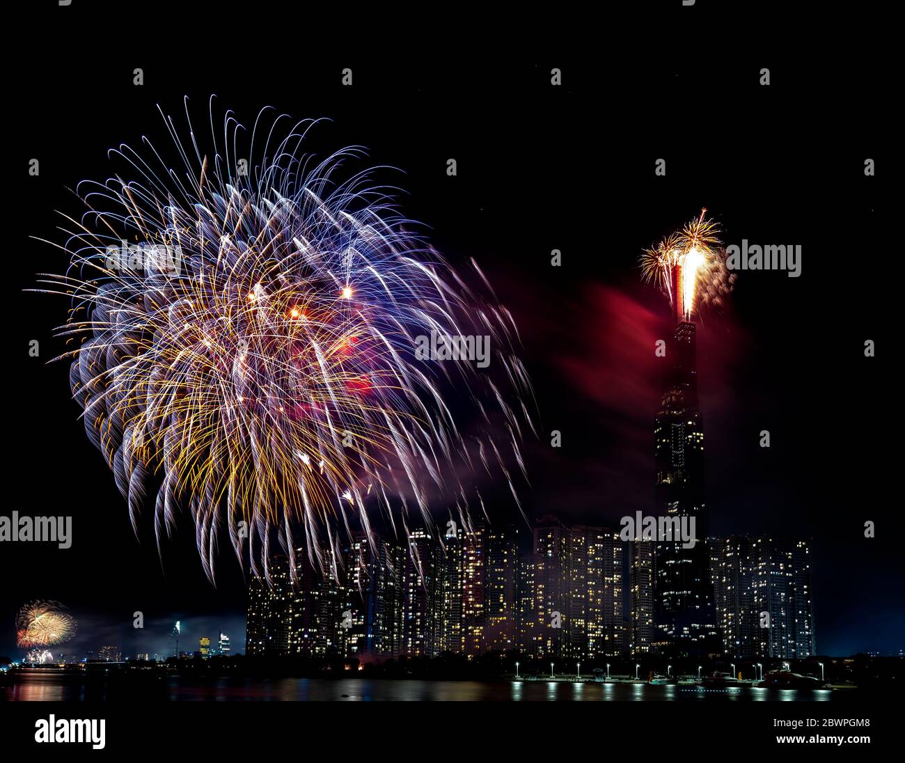 Colorful fireworks lunar new year view from skyscraper at night