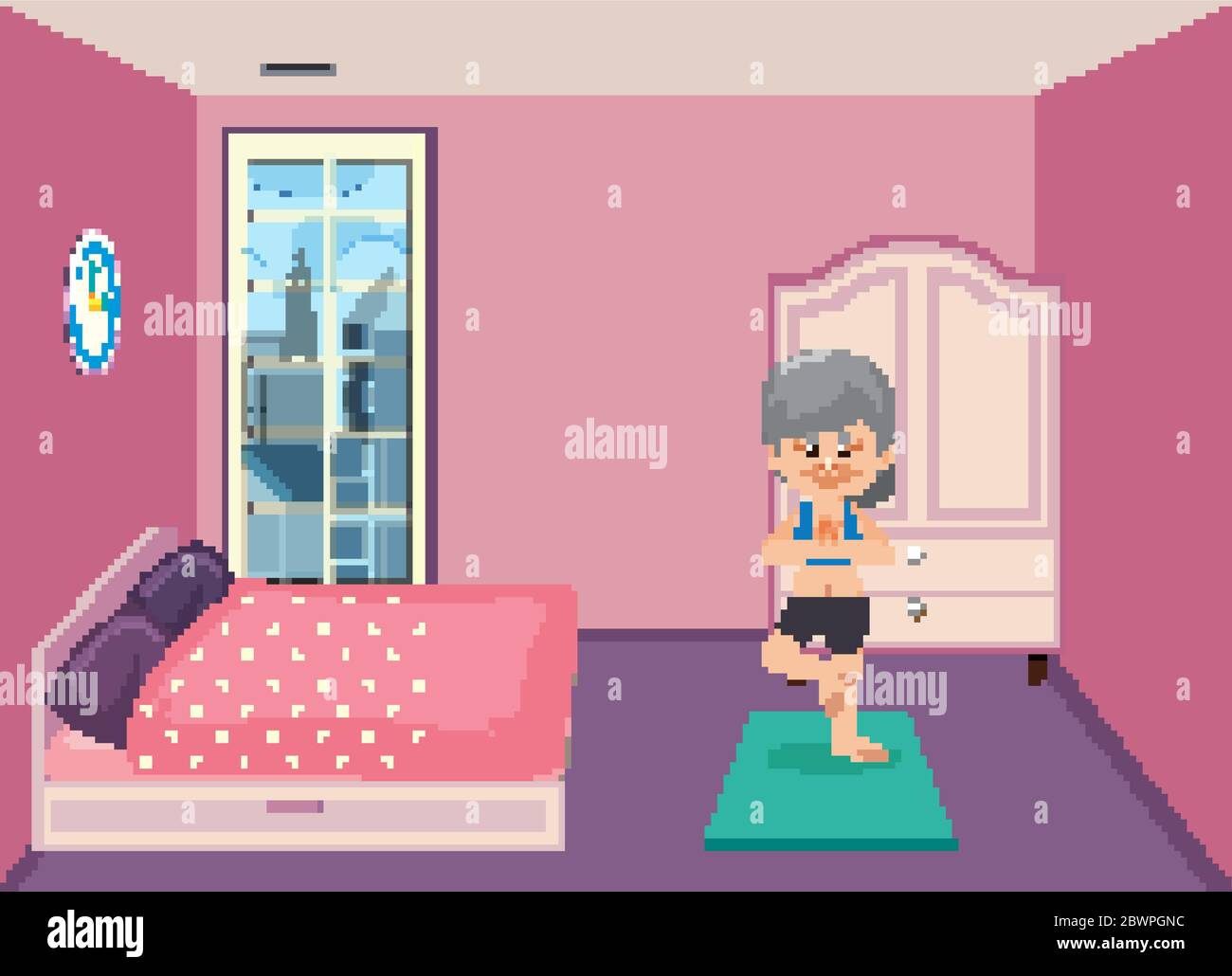 Background scene with old woman doing yoga in bedroom illustration Stock Vector