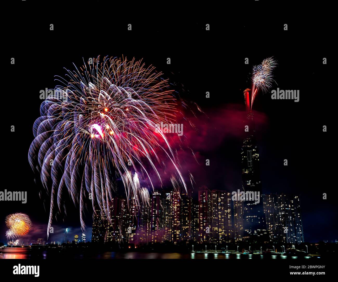 Colorful fireworks lunar new year view from skyscraper at night