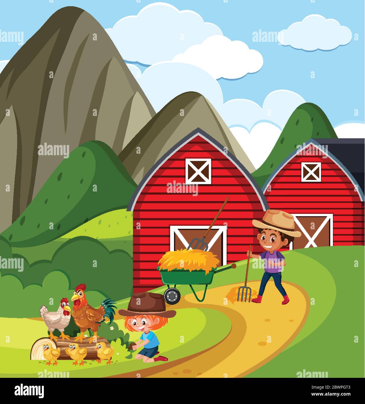 Farm scene with boy and girl working on the farm illustration Stock ...