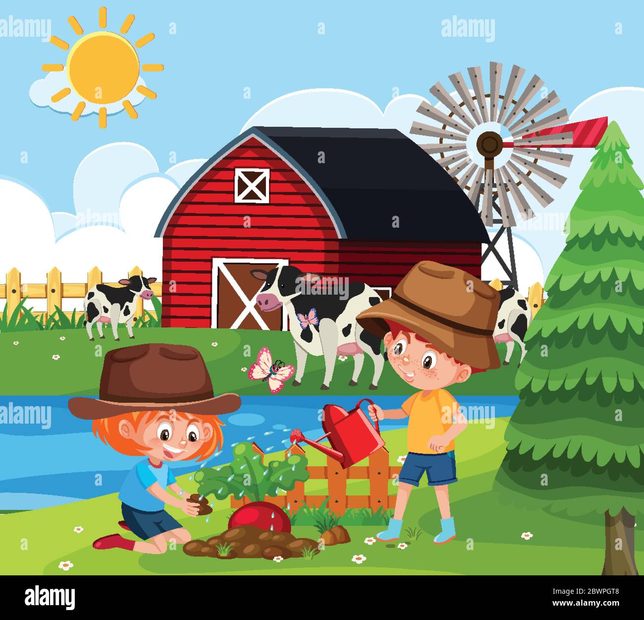 Farm scene with kids planting trees on the farm illustration Stock ...