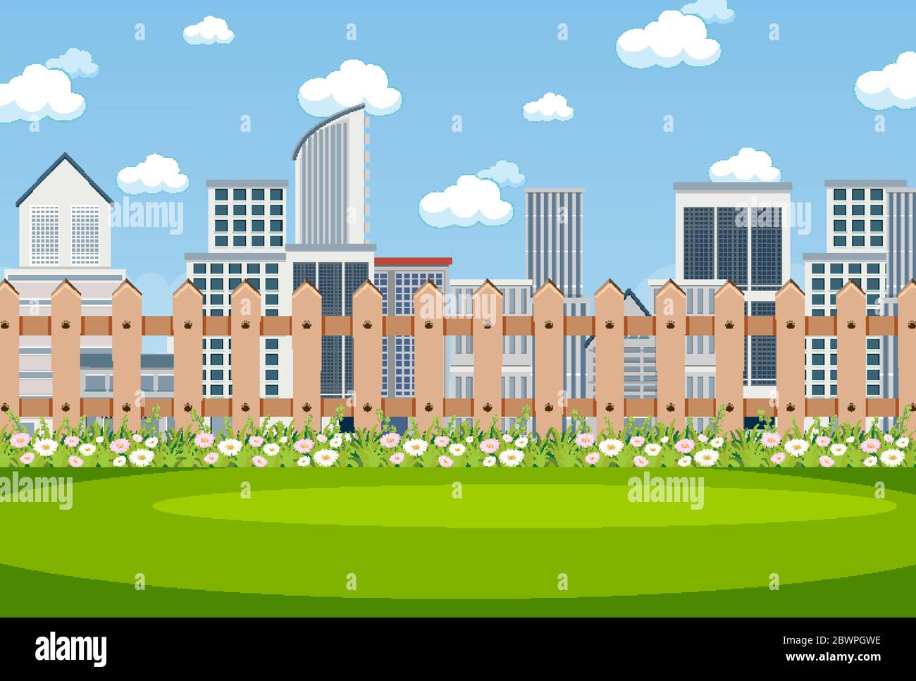 Background scene with flower in the park and city buildings in the back ...