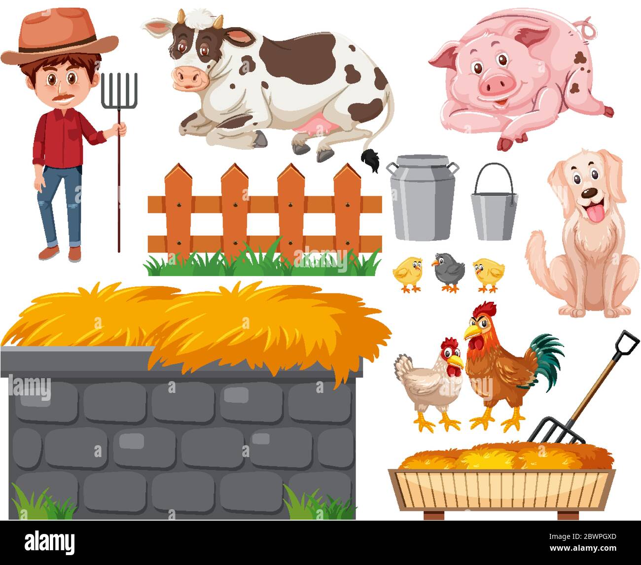Set of farmer and animals on white background illustration Stock Vector