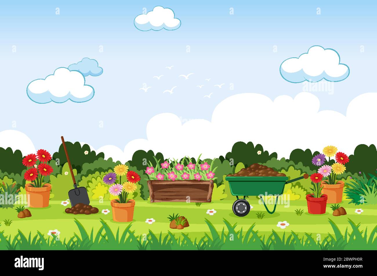 Background scene with gardening tools in the garden illustration Stock  Vector Image & Art - Alamy