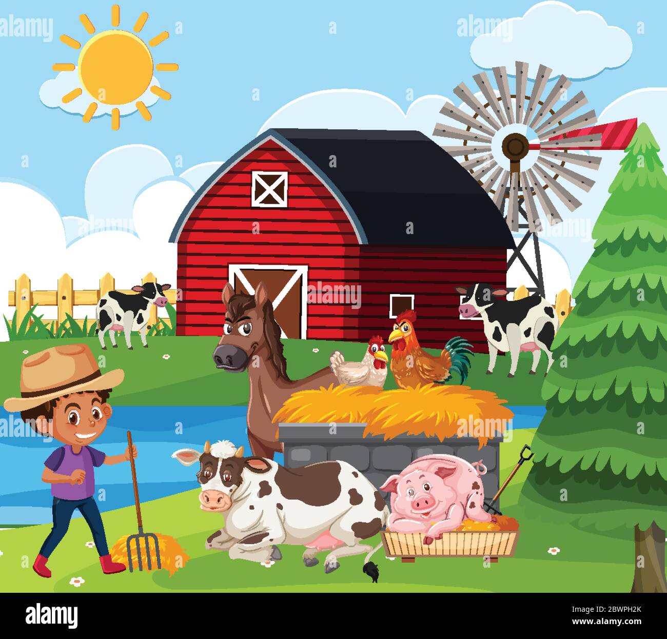 Farm scene with boy and many animals on the farm illustration Stock ...