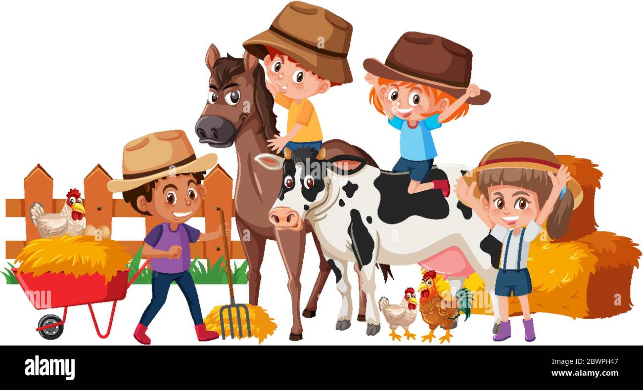 Happy children and animals on the farm illustration Stock Vector Image ...
