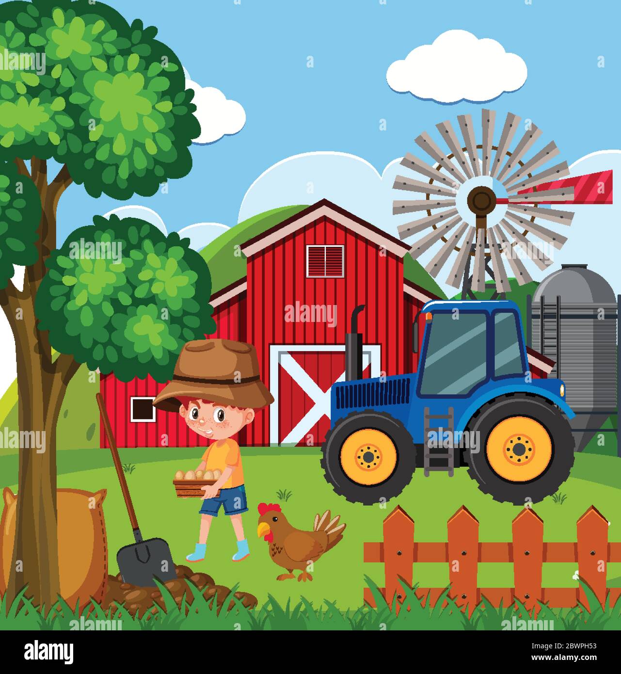 Farm scene with boy and fresh eggs on the farm illustration Stock ...