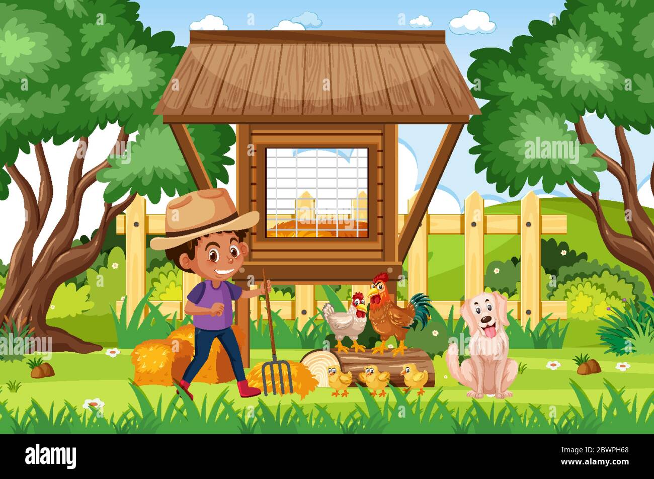 Farm scene with boy and many animals illustration Stock Vector Image ...