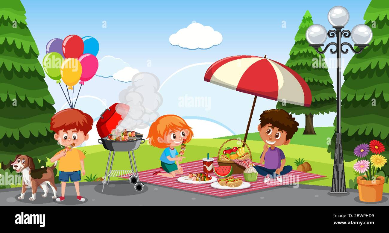 Scene with happy children eating in the park illustration Stock Vector  Image & Art - Alamy