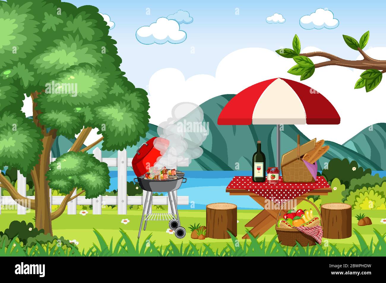 Scene with BBQ grill and food on picnic table illustration Stock Vector ...