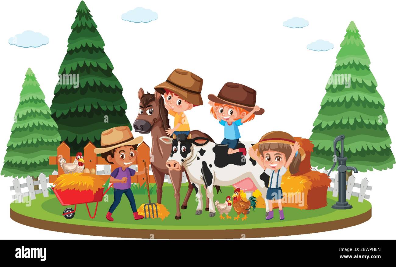 Farm scene with happy kids and many animals on the farm illustration ...